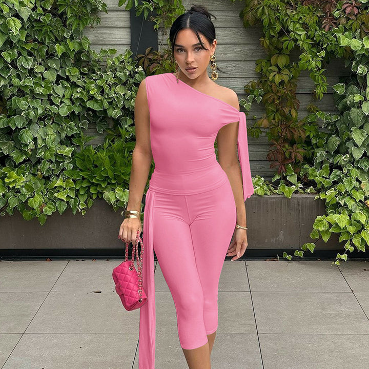 One-shoulder tie-strap top and cropped trousers set