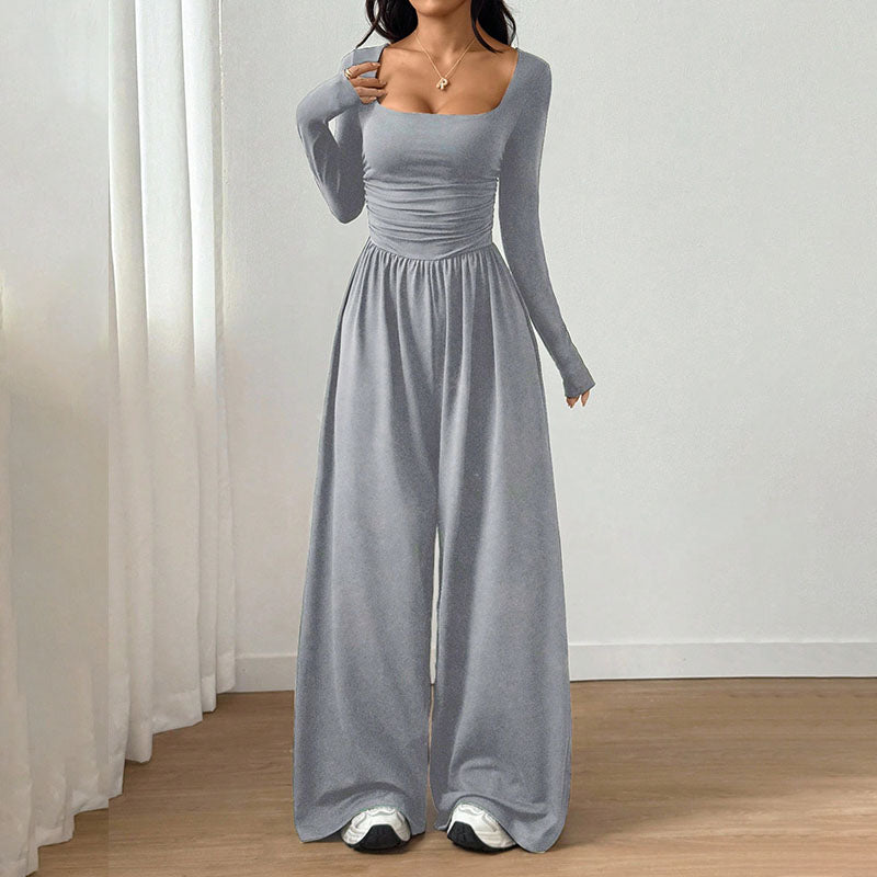 Square neck long sleeves fitted waist wide-leg jumpsuit