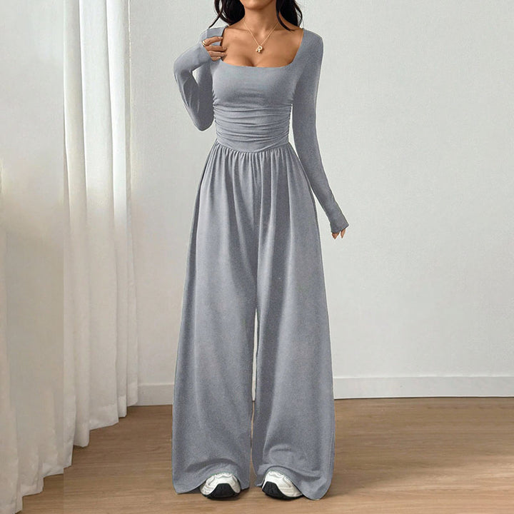 Square neck long sleeves fitted waist wide-leg jumpsuit