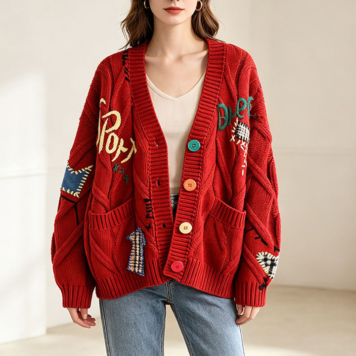 Retro pattern cable knit cardigan