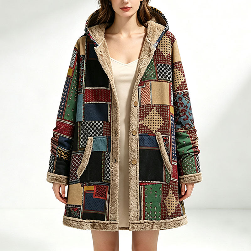Retro patchwork plush hooded jacket
