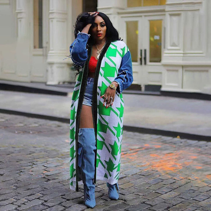 Plaid Print Denim Patchwork Long Cardigan