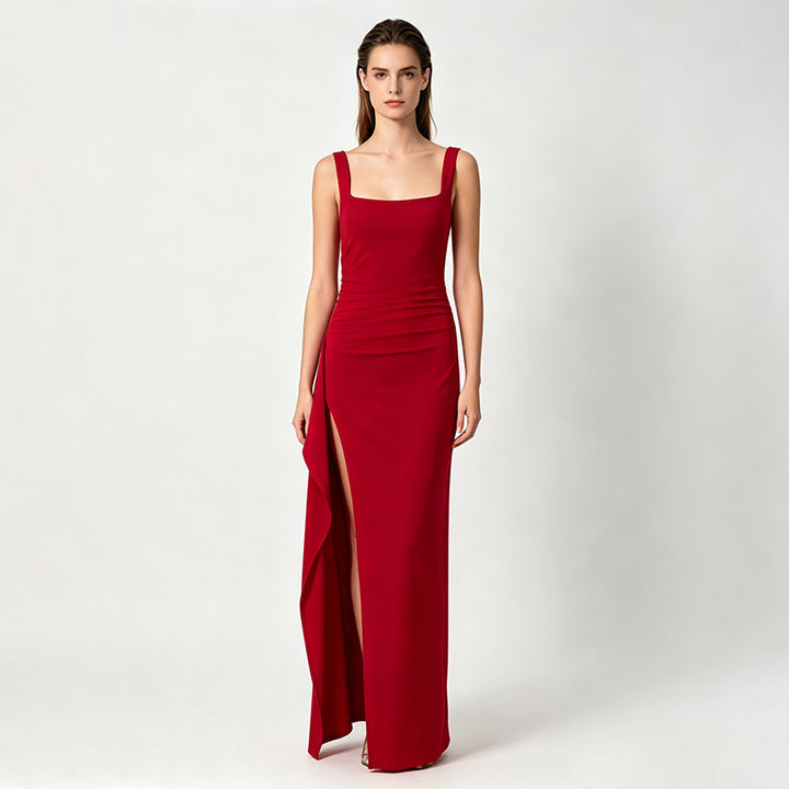 Square neckline pleated side slit mermaid long dress