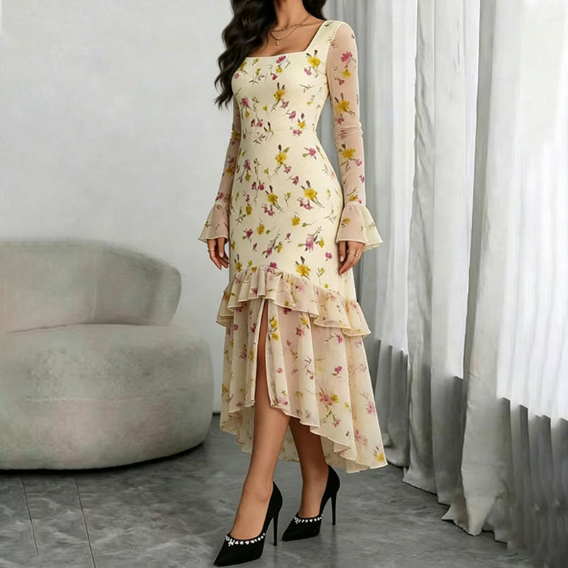 Square-neck flared-sleeve ruffled slit dress