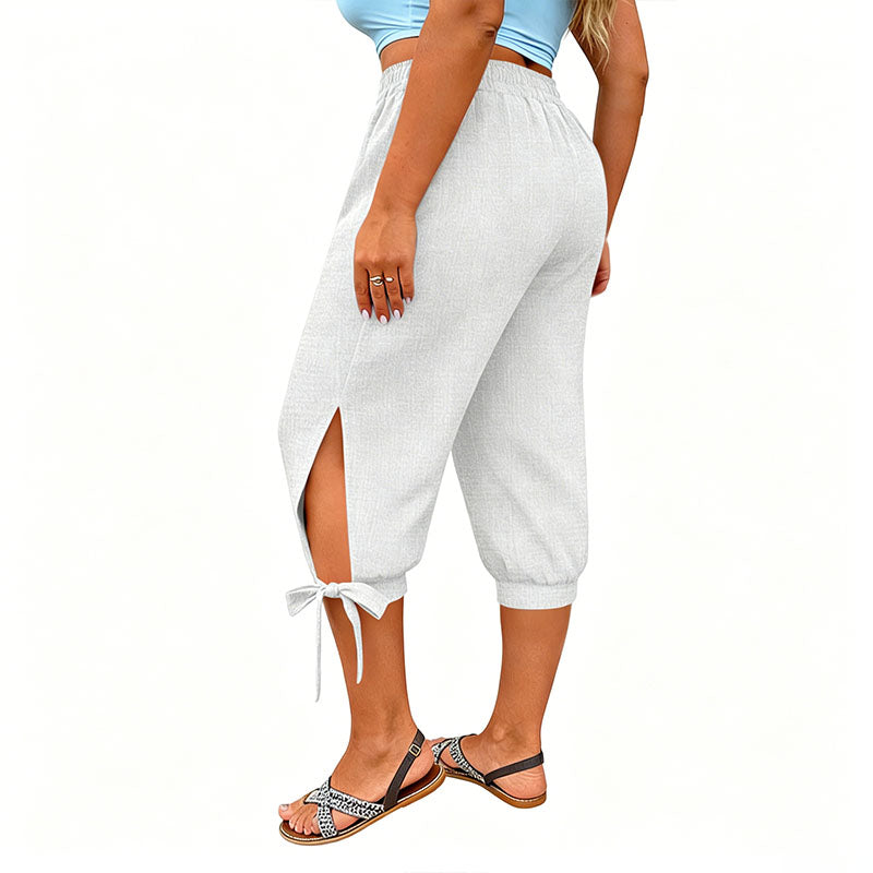 Side-slit elastic waist plus size capri pants