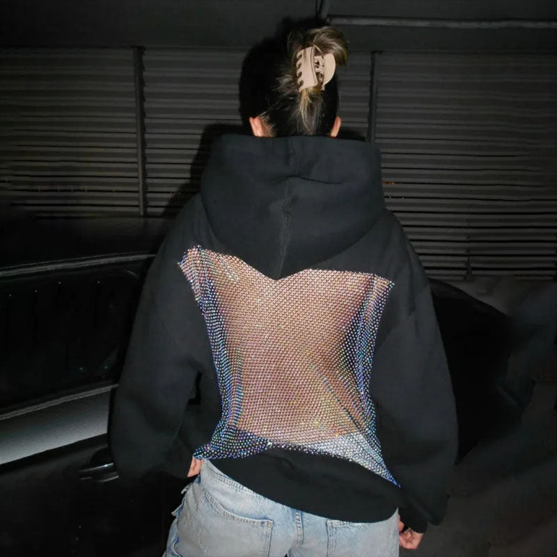 Openwork rhinestone-studded mesh loose hooded top