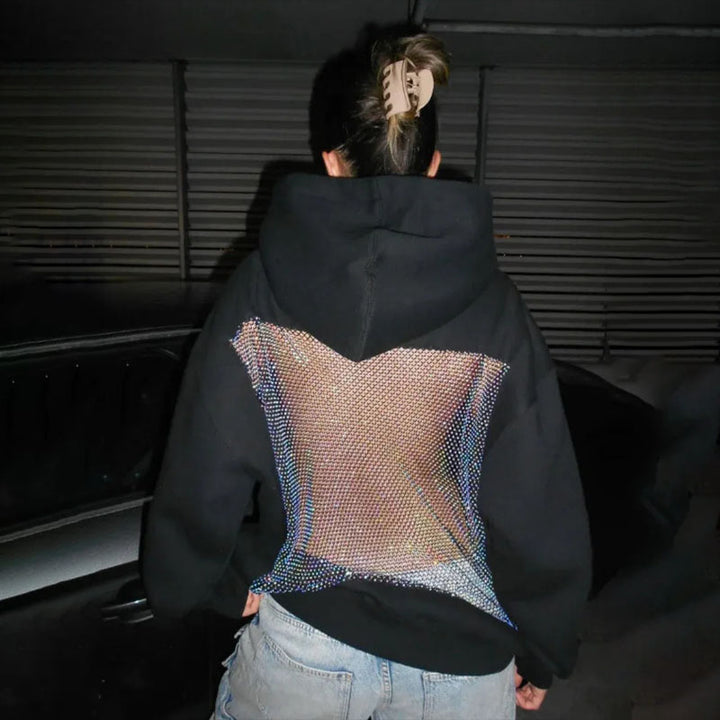 Openwork rhinestone-studded mesh loose hooded top