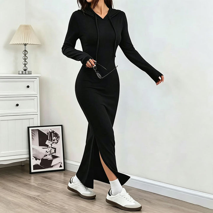 Casual side-slit hooded long dress