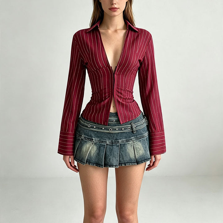 Striped slim-fit long-sleeved collared shirt