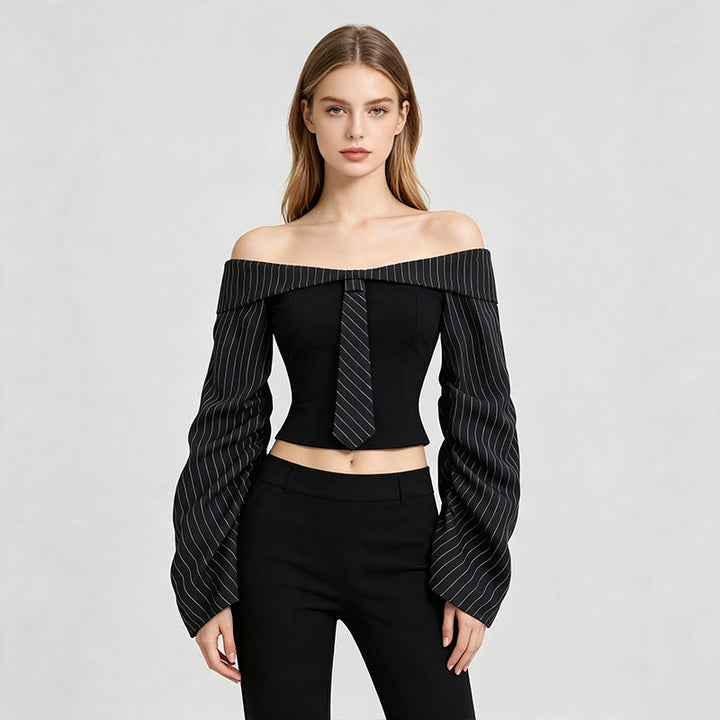 Off-shoulder color-blocked striped long-sleeved top