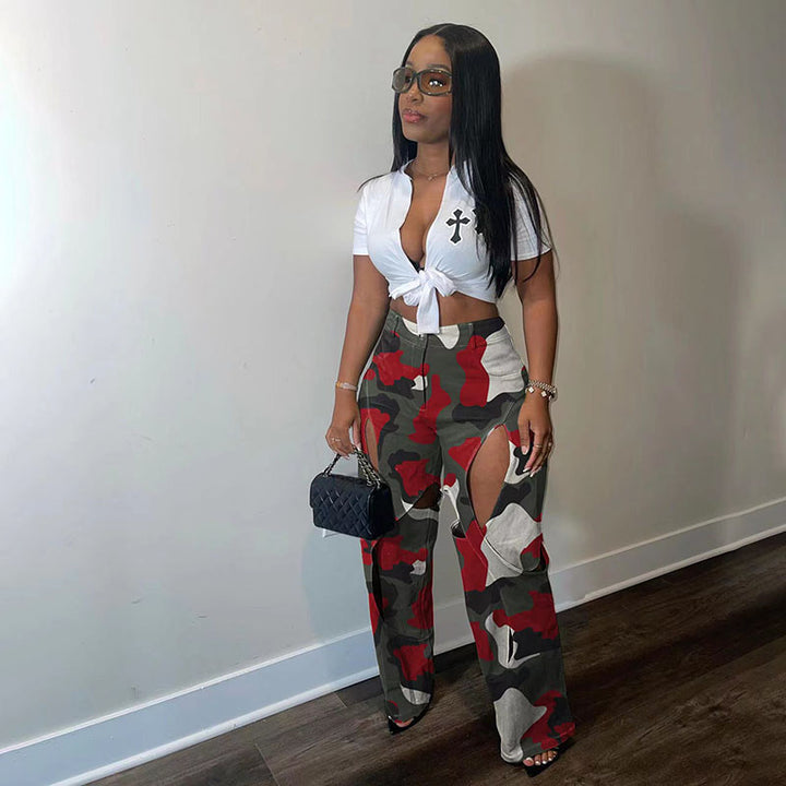 Cut-out camouflage high-waisted cargo pants