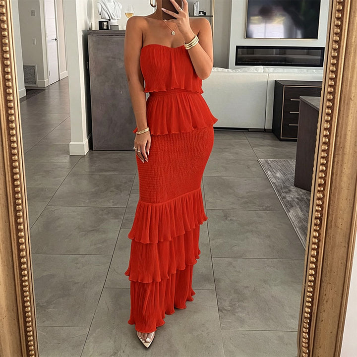 Strapless tiered ruffle fishtail maxi skirt