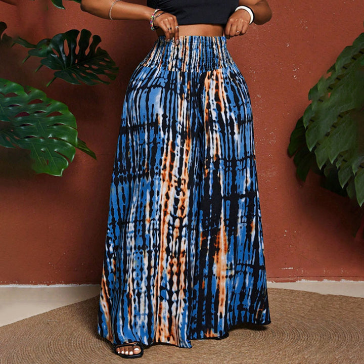 Plus-size tie-dye print pleated high-waisted wide-leg pants
