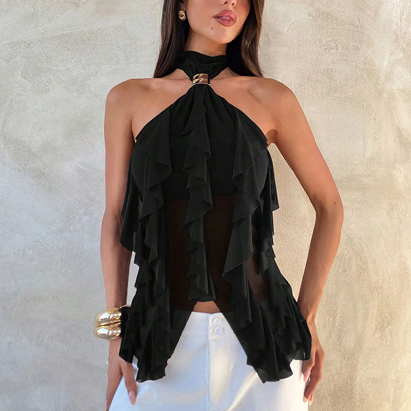 Irregular hem ruffle halter top