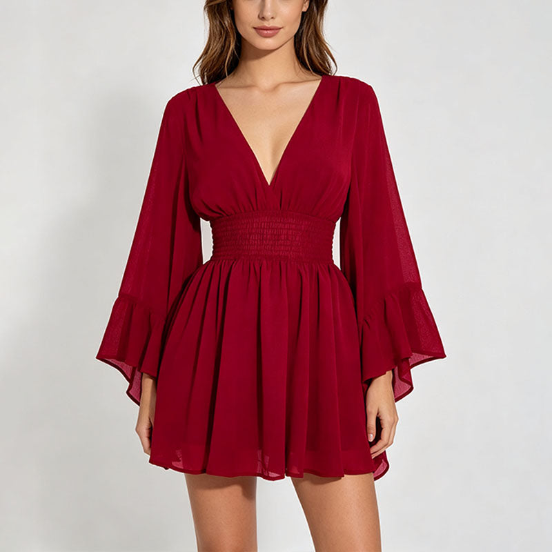 V-neck flared long-sleeved fitted waist dress