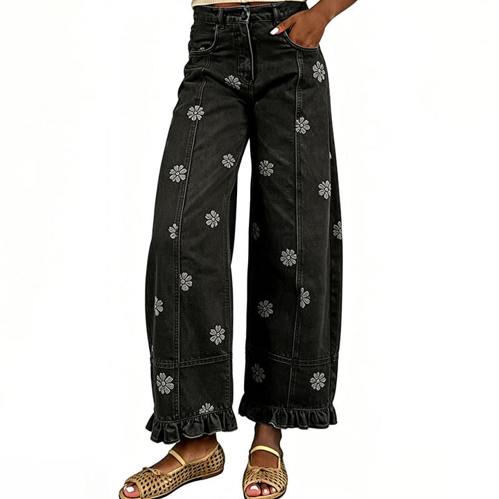 Ruffled floral wide-leg jeans