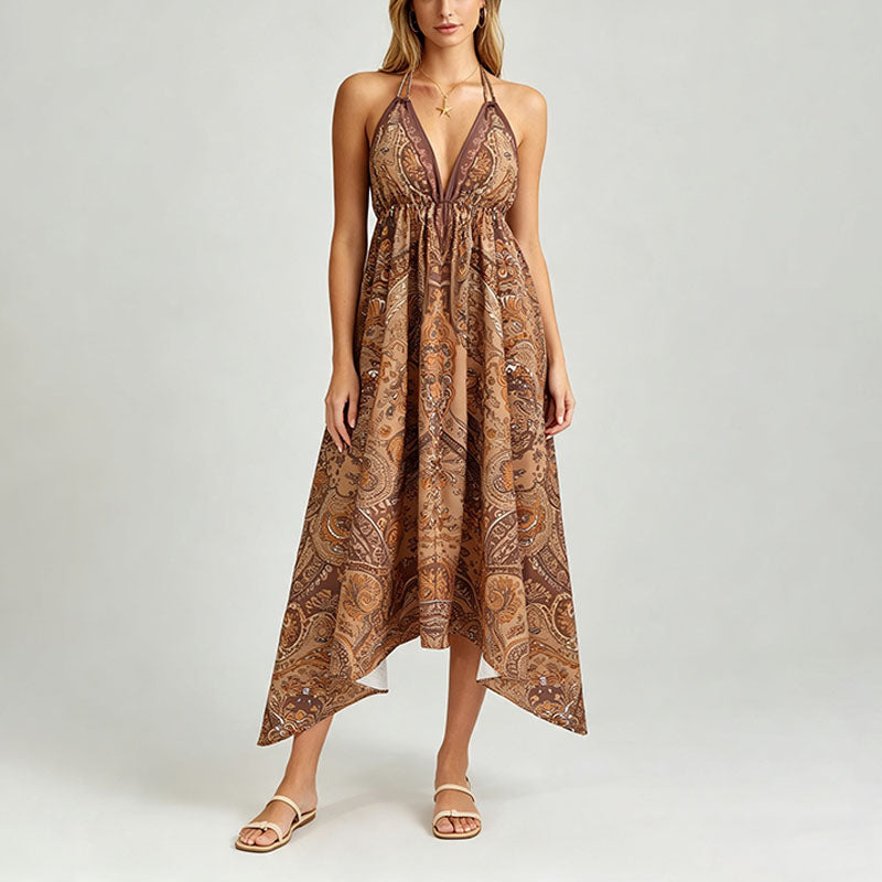 Bohemian Print Halter-Neck Tie-Strap Dress