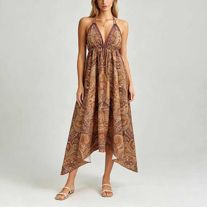 Bohemian Print Halter-Neck Tie-Strap Dress