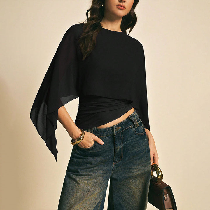 Round neck layered cape sleeve irregular top