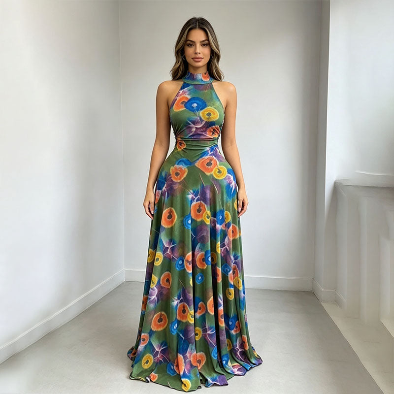 Resort-style printed turtleneck fitted pleated dress