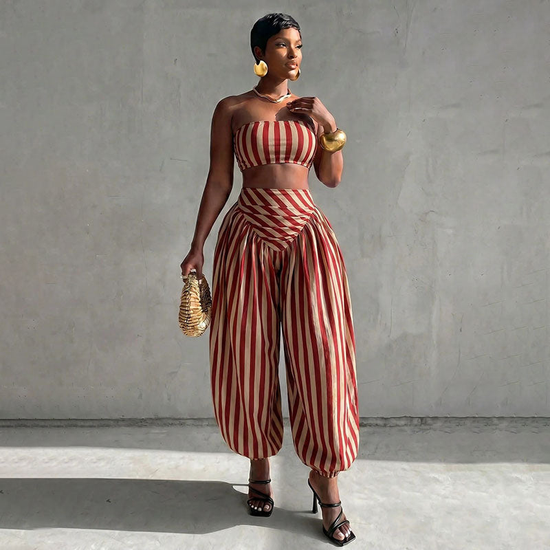 Striped strapless top and harem pants two-piece set