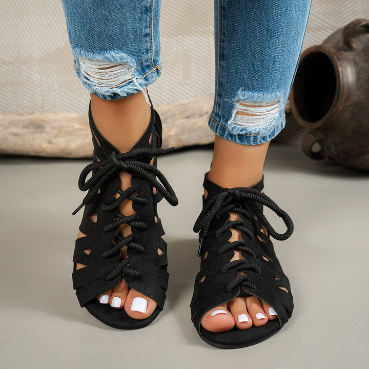 Lace-up openwork flat zipper sandals