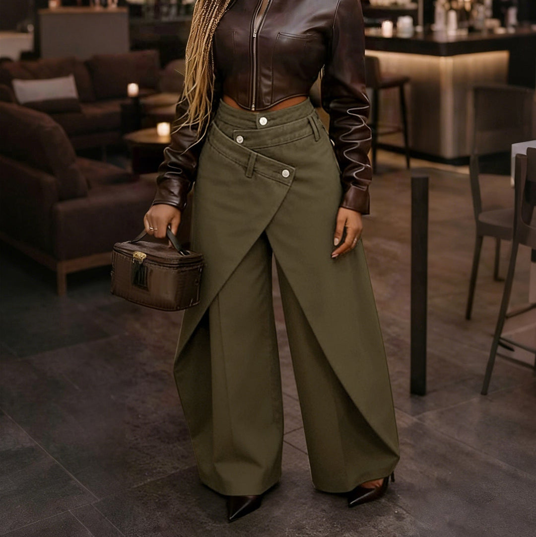 Retro Irregular Overlay Wide‑Leg Trousers