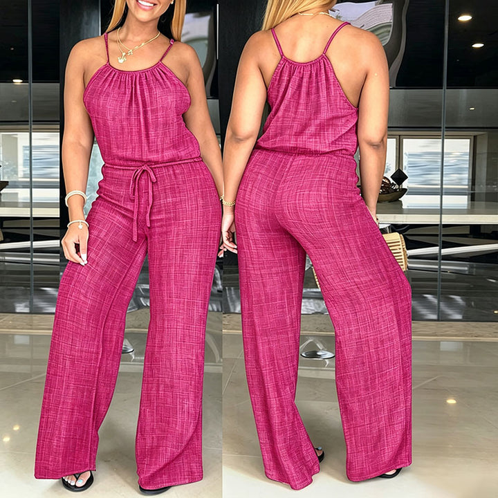 Sleeveless spaghetti strap tie-waist wide-leg jumpsuit
