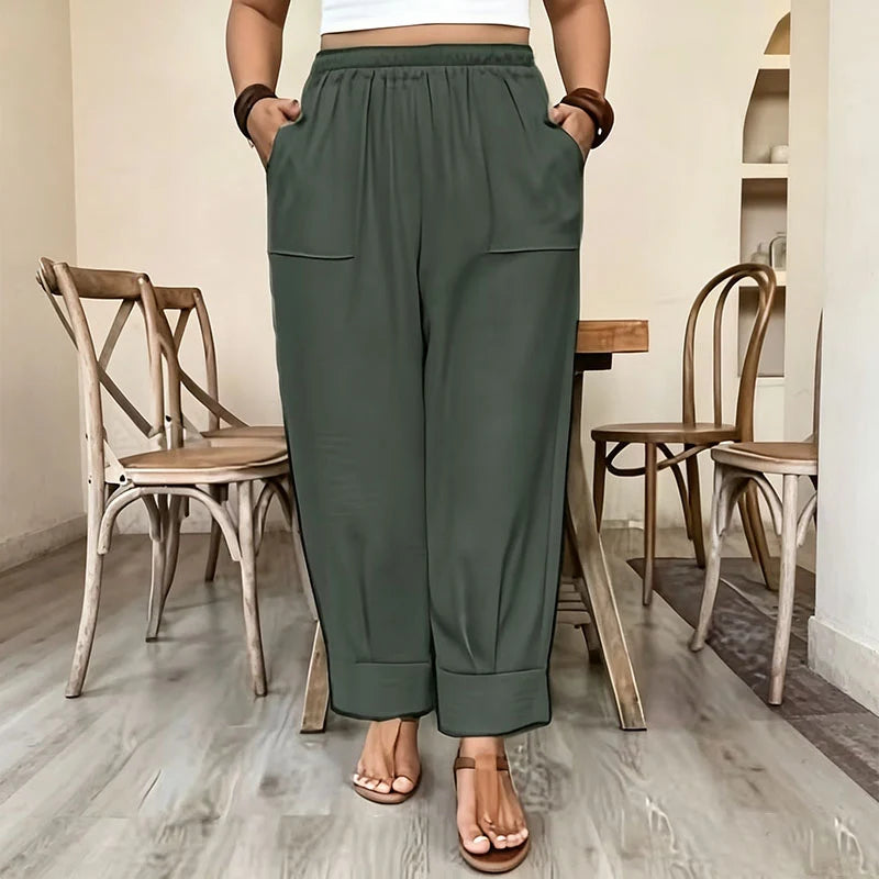Plus-size casual elastic wide-leg trousers