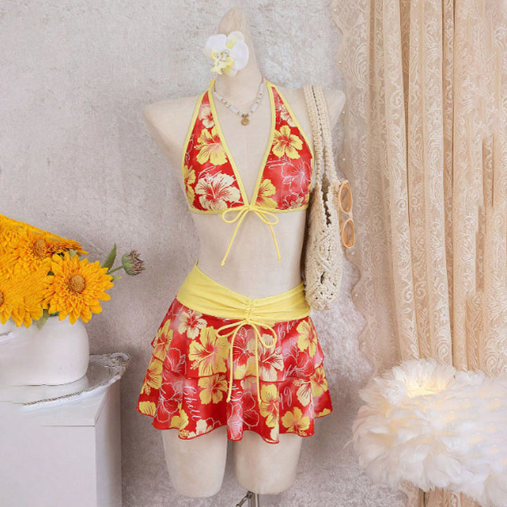 Tropical Print Halter Bikini with Swim Skirt — 3-Piece Set