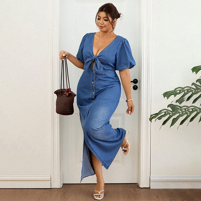 Plus-Size V-Neck Puff-Sleeve Slit Denim Dress