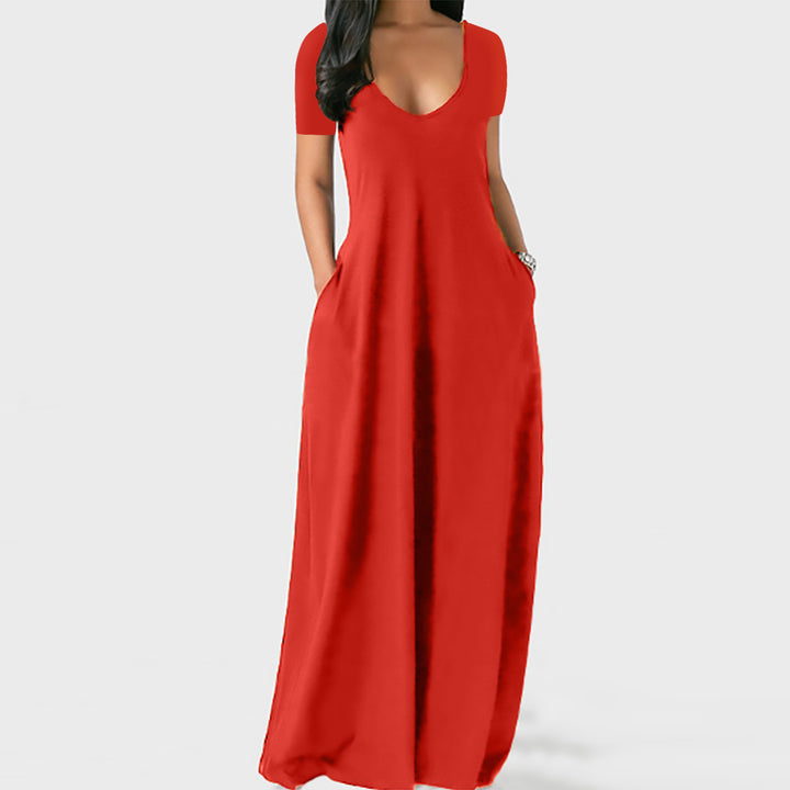 V-neck short-sleeved loose casual long dress