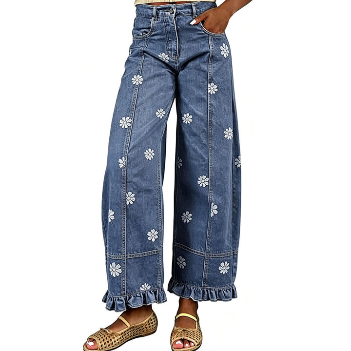 Ruffled floral wide-leg jeans