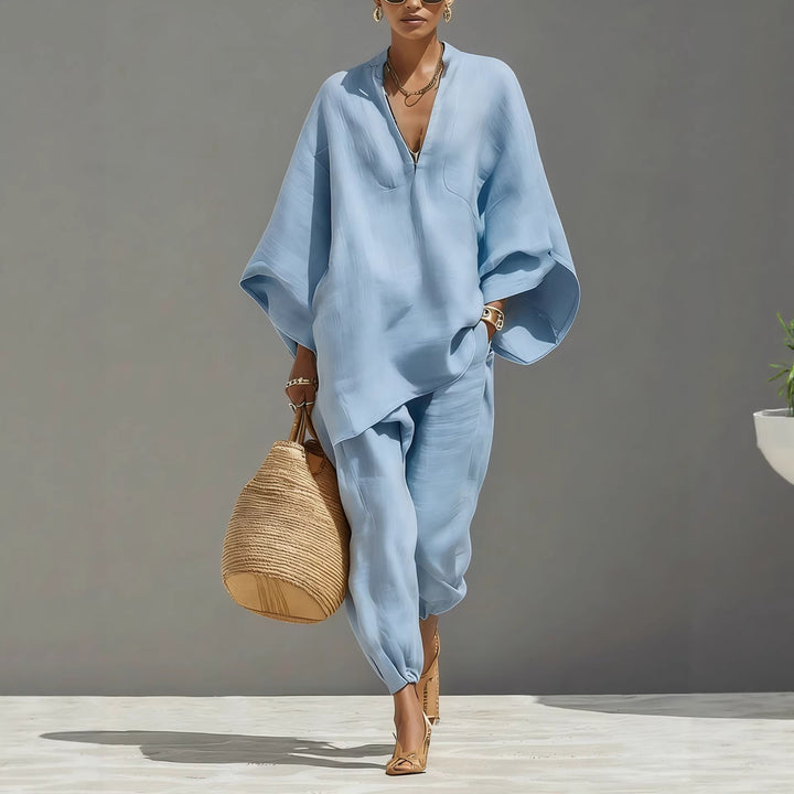 V-neck batwing-sleeve top and trousers set