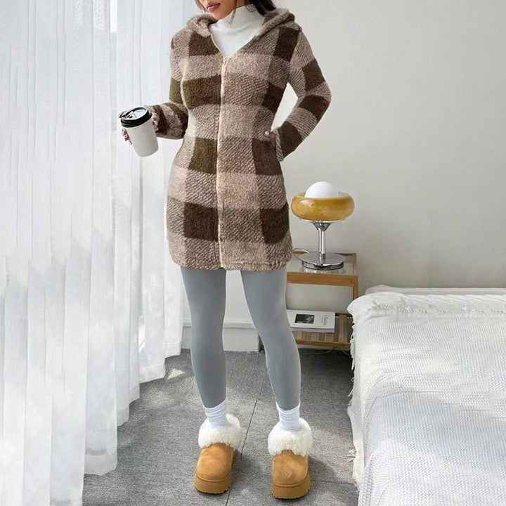 Plaid plush hooded zip-up jacket