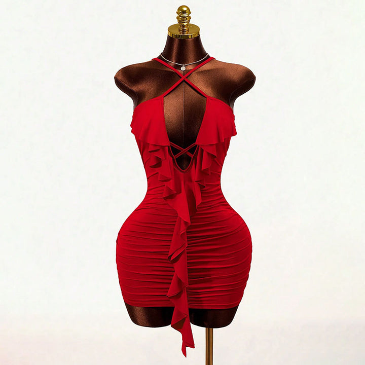 Crisscross Ruffled Pleated Slim-Fit Dress
