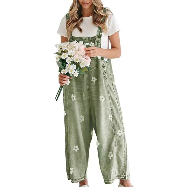 Floral denim wide-leg overalls