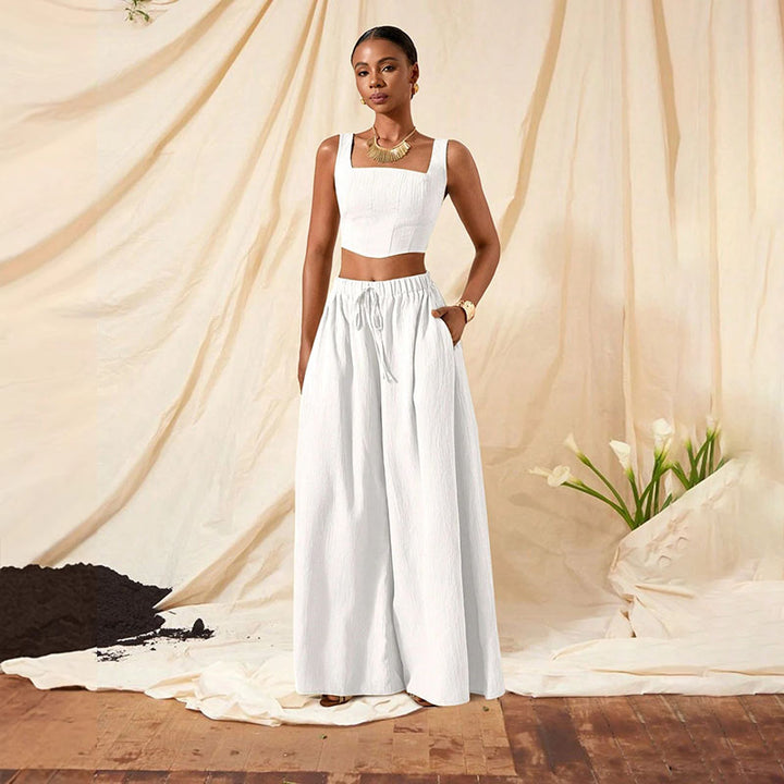 Square-neck cropped top and wide-leg trousers set