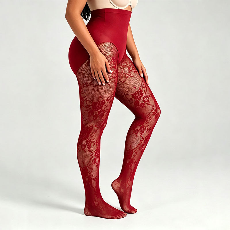 High-waisted floral lace shaping tights