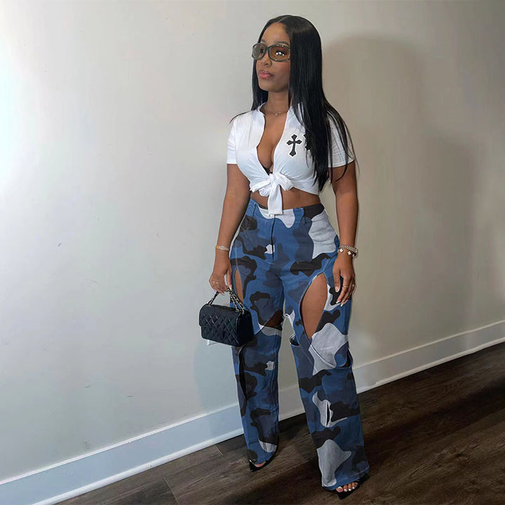 Cut-out camouflage high-waisted cargo pants