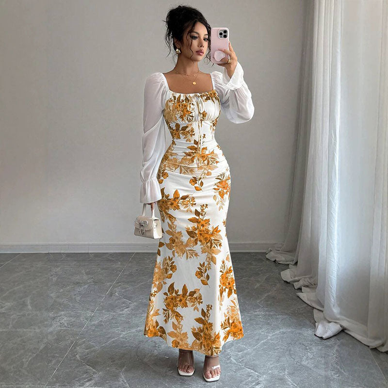 Ruched floral fishtail dress