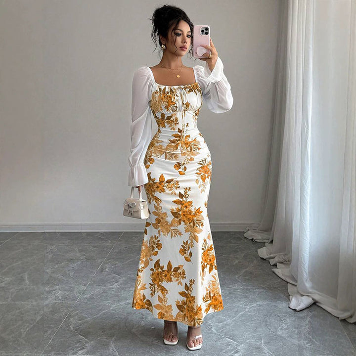 Ruched floral fishtail dress