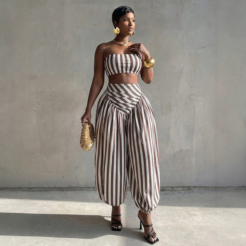 Striped strapless top and harem pants two-piece set
