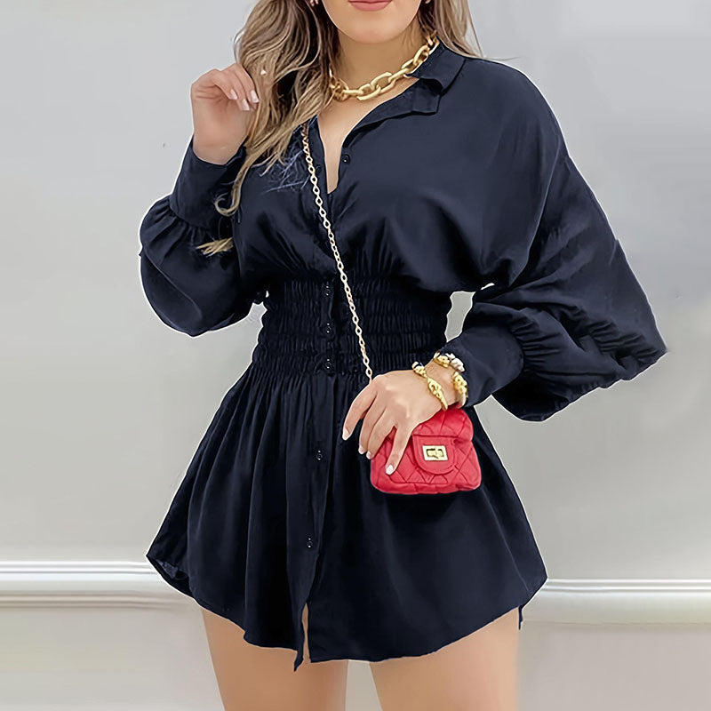Pleated-waist collared shirt dress