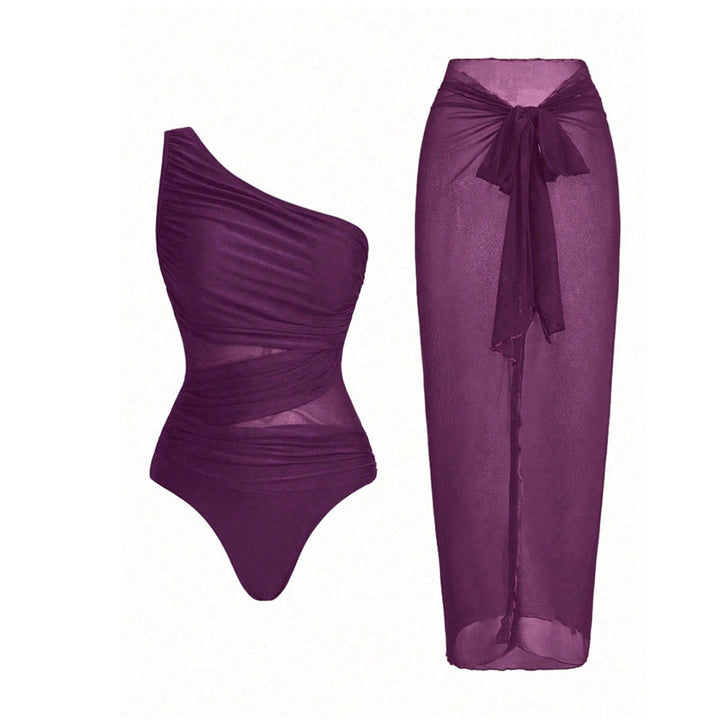 One-shoulder cut-out one-piece swimsuit and mesh cover-up skirt set