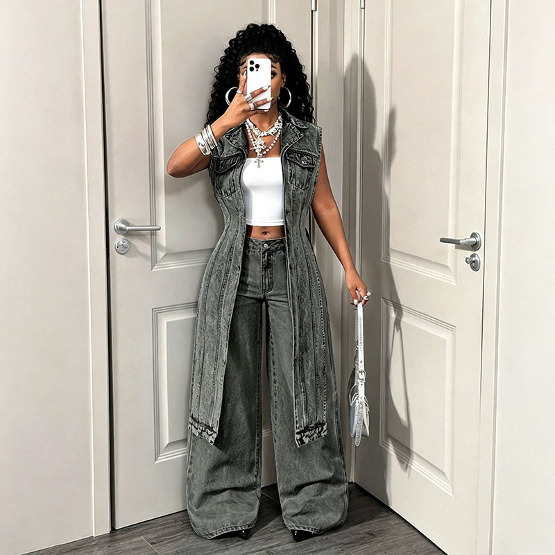 Sleeveless collared denim jacket