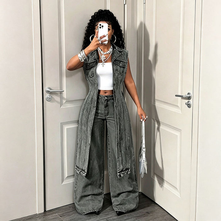 Sleeveless collared denim jacket