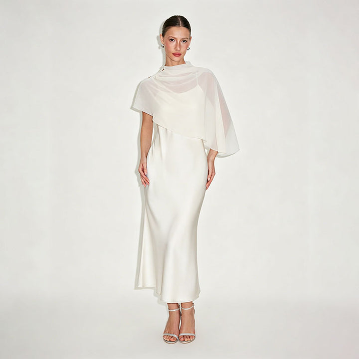 High-neck asymmetrical shawl and camisole dress set