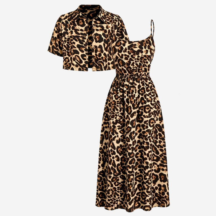 Casual leopard print short-sleeved cardigan and slip dress two-piece set