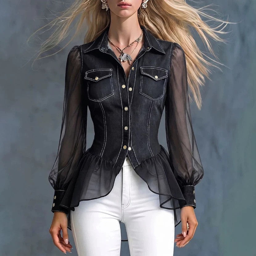 Mesh-paneled ruffled denim shirt